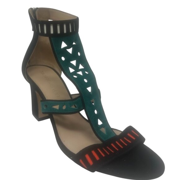 Tamara Mellon Black Suede Green Red White Laser Cut Straps Open Toe Heels Size 9 - Picture 1 of 13
